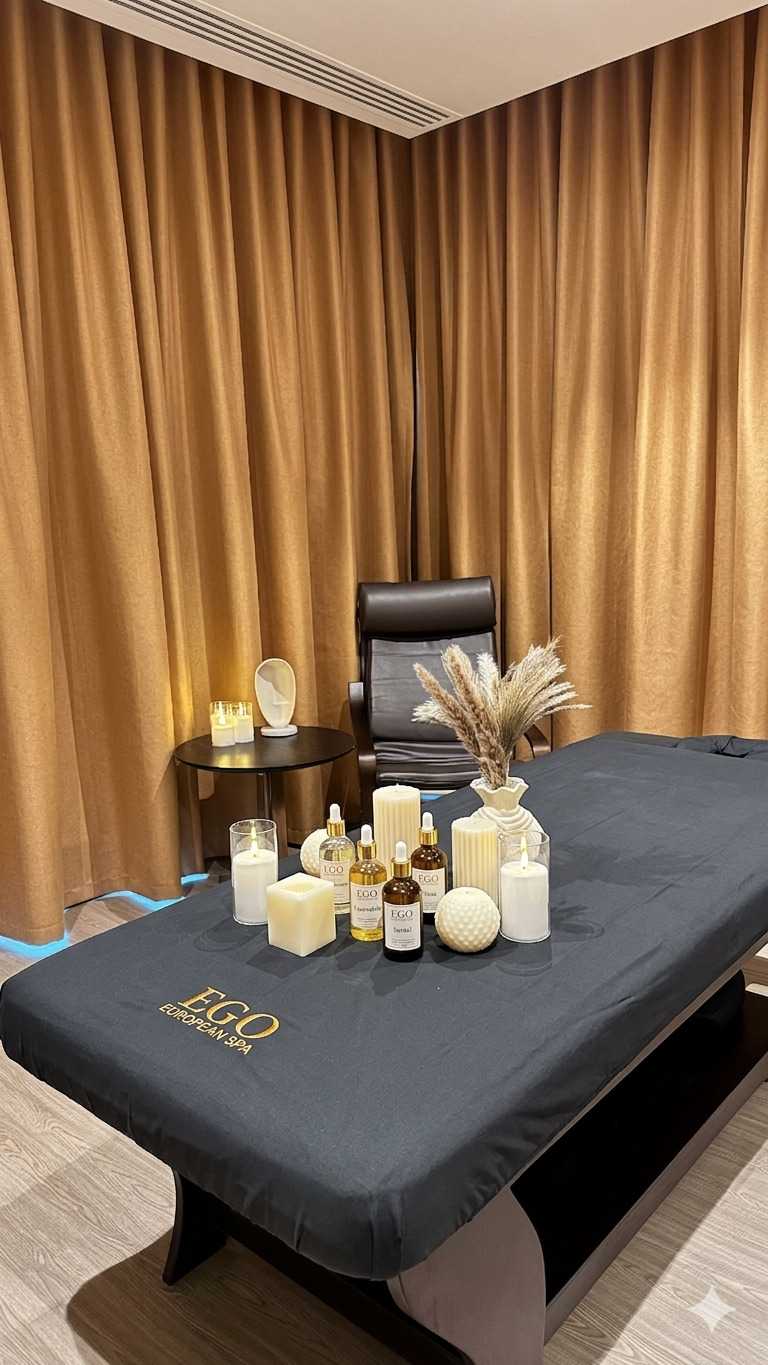 Aroma massage setup at Ego European Spa Dubai — EGO branded essential oil bottles, white candles, and pampas grass on a treatment table